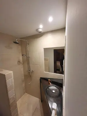 a bathroom with a sink and a shower with a mirror at Gite A.M Hoche in Lançon-Provence