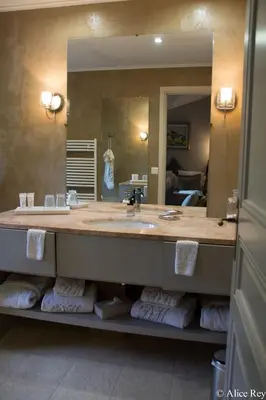 a bathroom with a sink and a large mirror at Domaine de Mejeans - Teritoria in Alleins