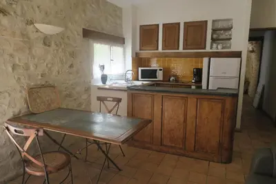 a kitchen with wooden cabinets and a table with chairs at Villa - La Luberonne in Lourmarin