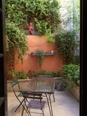 a table and chairs in front of a wall with plants at Belle de Nuit in Oppède
