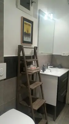 a bathroom with a wooden ladder next to a sink at La Maison de Maïté in Cheval-Blanc