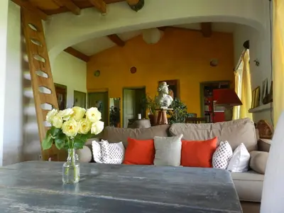 a living room with a couch and a vase of flowers on a table at Maison d'artiste in Gargas