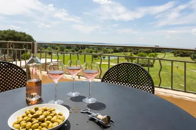 a table with glasses of wine and a bowl of olives at Madame Vacances Domaine du Provence Country Club Service Premium in Saumane-de-Vaucluse