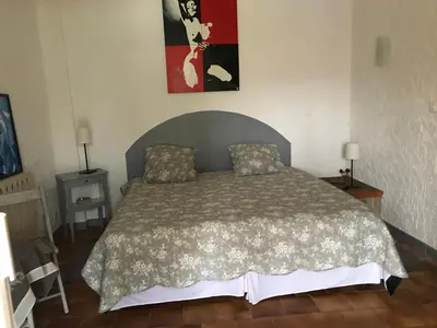 a bedroom with a bed and a painting on the wall at Chambre d'hôtes Le Cèdre in Apt