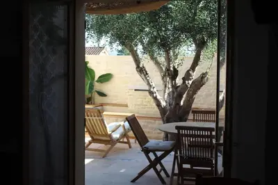 a patio with chairs and a table and a tree at Maison de charme à Mérindol + Jardin in Mérindol