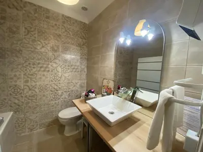 a bathroom with a sink and a toilet and a mirror at Hotel Carina in Apt