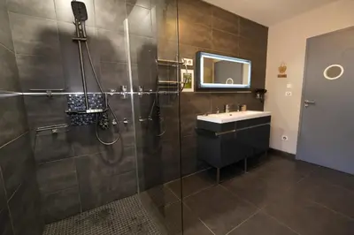 a bathroom with a shower and a sink and a mirror at very pretty contemporary villa with pool located in Aureille in the alpilles, close to the center on foot. sleeps 4. in Aureille