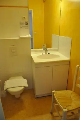 a bathroom with a sink and a toilet and a mirror at VTF Les Florans in Bédoin