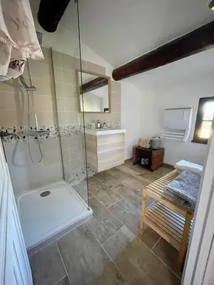 a bathroom with a shower and a sink at La belle histoire gîte Luberon in Bédoin