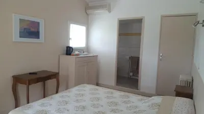 a bedroom with a bed and a sink and a mirror at Chambres d'hôtes de la gardy in Eyragues