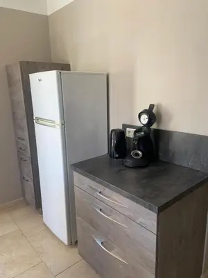 a kitchen with a white refrigerator in a room at La roseraie Bonnieux in Bonnieux