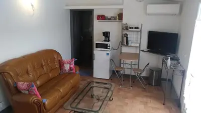 a living room with a brown couch and a kitchen at L'ilot de Carpentras in Carpentras