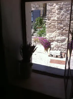 a window with a potted plant sitting on a window sill at Rose in Bonnieux