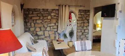 a living room with a stone wall at Gites Climatisés Piscine Chauffée La Balancelle in Saint-Rémy-de-Provence