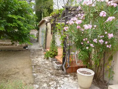 a garden with pink flowers on the side of a building at Maison Charrasse in Flassan