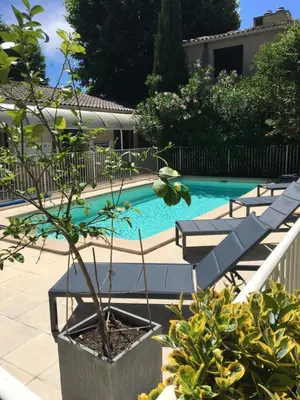 a swimming pool with two lounge chairs and a plant at Hotel Cantosorgue in LʼIsle-sur-la-Sorgue