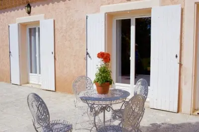 a table and chairs with a potted plant on a patio at Les murmures du Temps Villa 3 Chambres avec Piscine in Carpentras