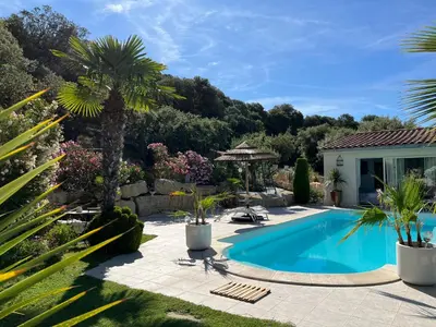 a swimming pool in a garden with palm trees at La Thomalie in Crillon-le-Brave