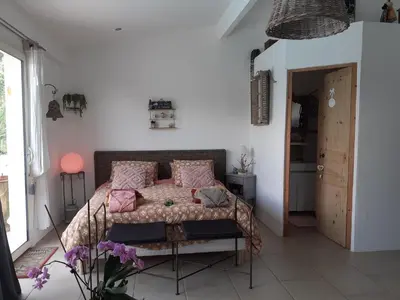 a bedroom with a bed with pink pillows at La Thomalie in Crillon-le-Brave