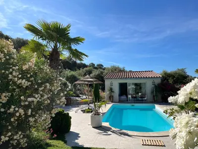 a villa with a swimming pool in a garden at La Thomalie in Crillon-le-Brave