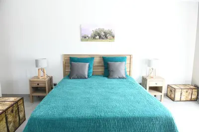a bedroom with a bed with a green comforter at Chambre d'hôtes du Charme Provençal in Sénas