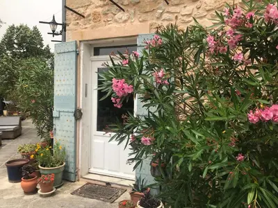 a door to a house with plants and flowers at Oustau du Ventoux in Bédoin