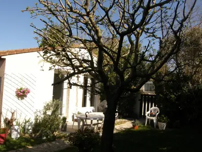 a tree in the yard of a house with a table and chairs at Brig'Gîte in LʼIsle-sur-la-Sorgue