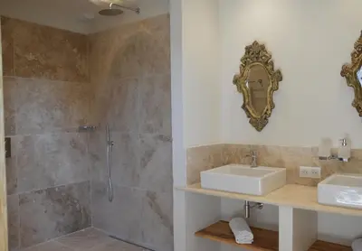 a bathroom with a shower and a sink and a mirror at Le Clos D'Olea in Oppède
