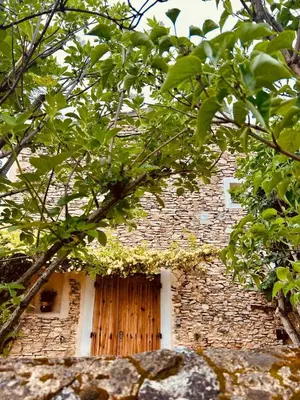 a brick building with a wooden door on it at La Sarrasine in Villes-sur-Auzon