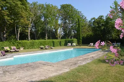 a swimming pool in a yard with pink flowers at Domaine Shambala - gîte en Provence avec une Grande Piscine in Velaux