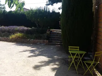 two yellow chairs and a table next to a tree at les oliviers in Carpentras