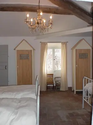 a bedroom with a bed and a chandelier at Château de Peyrolles in Apt