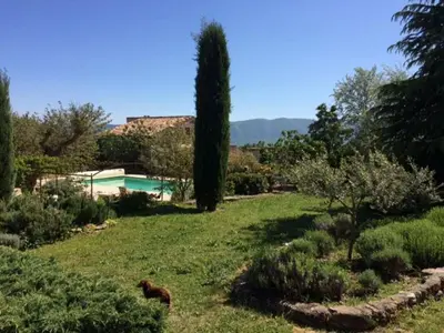 a dog standing in the grass next to a swimming pool at Provence Charm with Pool in Viens