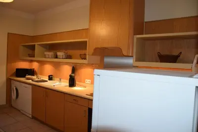 a kitchen with wooden cabinets and a white refrigerator at Moulin des Gypses Gîte Les Pierres Blanches, Ventoux in Mormoiron