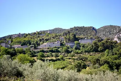 a group of houses on a hill with trees at Le Champ des Oliviers in Oppède