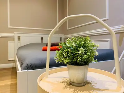 a table with a potted plant on it next to a bed at Zola Studio fenêtre aveugle in Aix-en-Provence