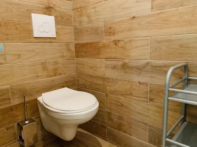a bathroom with a toilet and a wooden wall at Victoire Appartement in Aix-en-Provence