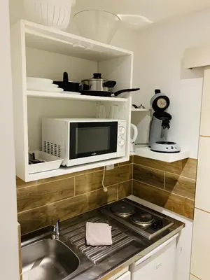 a kitchen with a sink and a microwave at Cassis Studio in Aix-en-Provence