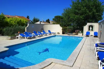 a swimming pool with chairs and a shark in the water at Gite le Mas de l'Amandier in Saint-Saturnin-lès-Avignon