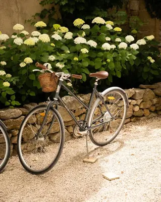 a bike parked next to a brick wall at Le Galinier Lourmarin, a Beaumier Guesthouse in Lourmarin