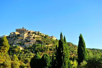 a village on top of a hill with trees at Résidence Goélia Le Domaine du Moulin Blanc in Gordes
