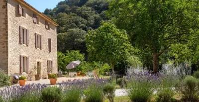 a garden with purple flowers in front of a building at La Ressence Luberon in Bonnieux