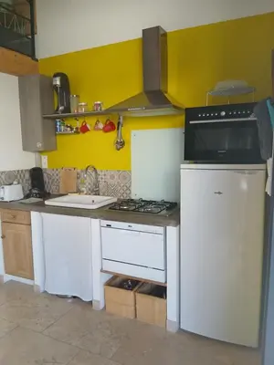 a kitchen with a stove and a sink at les cerisiers de stella in Blauvac
