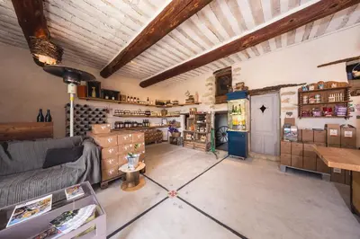 a living room with a couch and a table at Le Mas de Plein Pagnier in Mazan