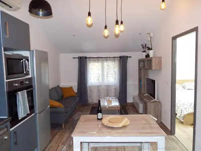 a living room with a couch and a table at Gîte de Léonie Moulin de Tartay en Avignon in Avignon