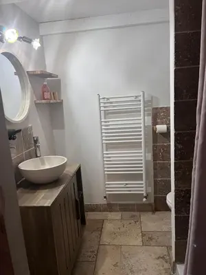 a bathroom with a white sink and a mirror at Maison d'hôtes Bastide St Victor à 2,5 kilomètres de Lourmarin in Puyvert