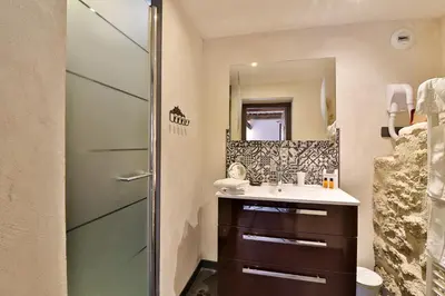 a bathroom with a sink and a shower with a mirror at Le Mas de la Lombarde in Lourmarin