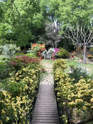 a wooden walkway through a garden with flowers at B&B Villa Roumanille in Aix-en-Provence