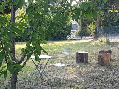 a chair and a table and two tree stumps at fleur de garance in Le Thor