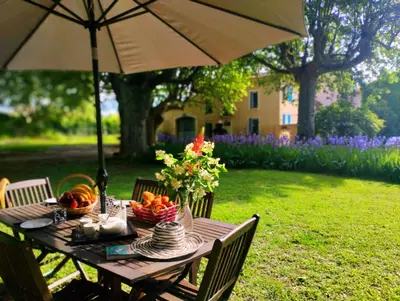 a wooden table with an umbrella on a lawn at Le Moulin Des Ocres in Apt